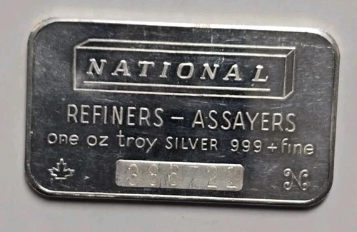 Vintage National Refiners Assayers Canada 1 Oz .999+ Fine Silver Bar SN 386721