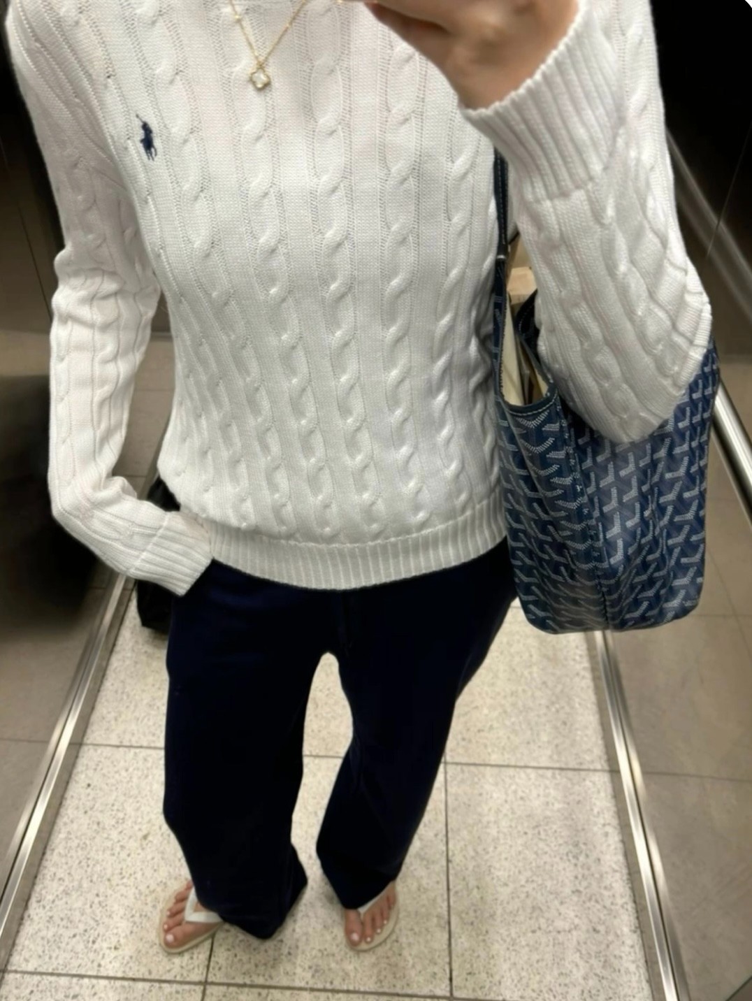 Women's Small Polo Ralph Lauren Sweater Cable Knit Cotton Crew Neck White