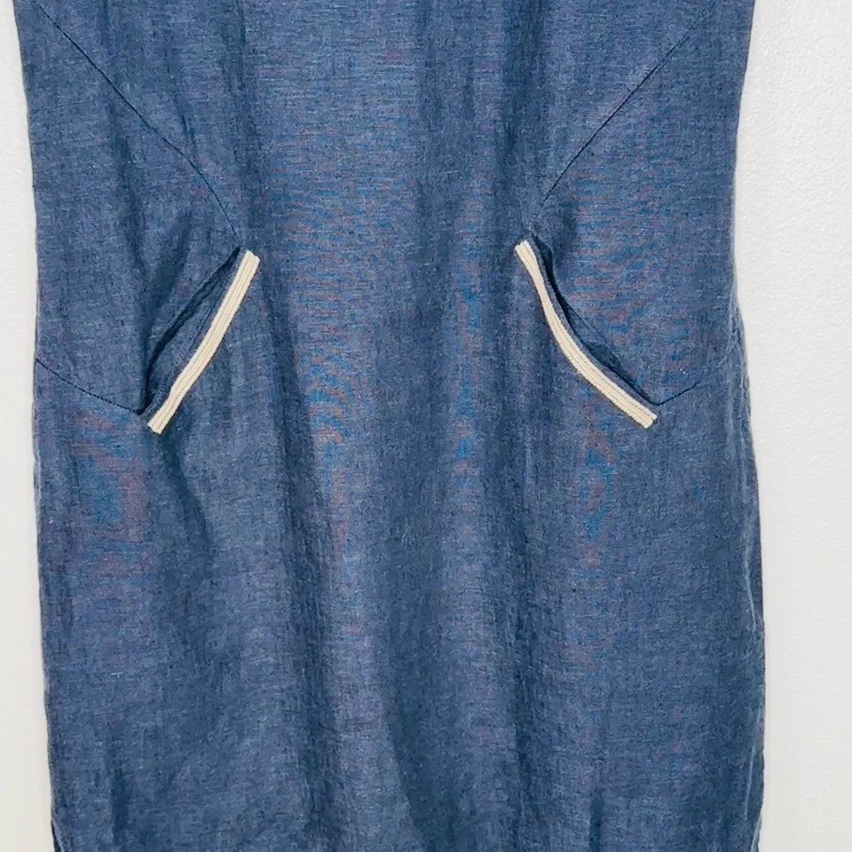 Vestido recto Garnet Hill 100 % lino manga gorra azul detalle bordado para mujer talla 8 Foto 3 de 4