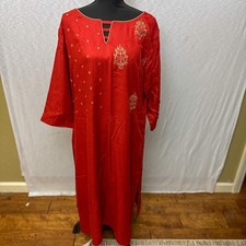 NWT Red Embroidered Indian Kurta Dress Long Sleeve Trad Tunic Made in India