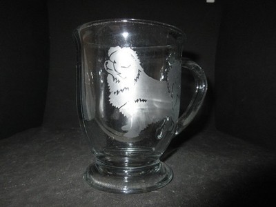 NEW ETCHED TIBETAN SPANIEL GLASS COFFEE HOT CHOCOLATE HANDLED MUG