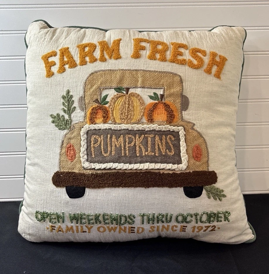 "Almohada bordada de otoño parche calabaza fresca Farm 17"" cuadrados" Foto 4 de 4