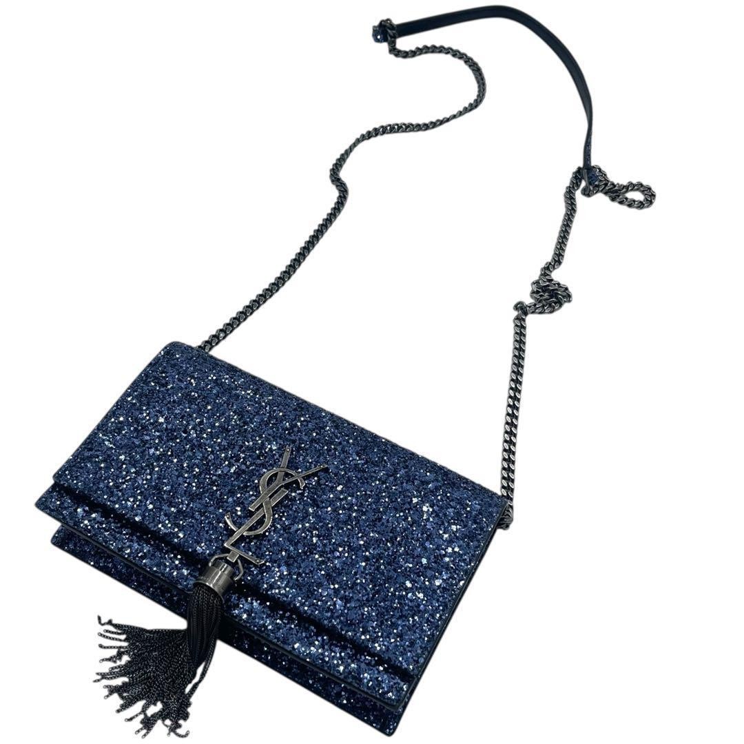YVES SAINT LAURENT Kate Leather Chain Wallet Shoulder Bag Metallic blue Glitter thumbnail 10