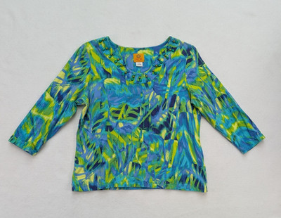 Ruby Rd Women's Top Size PL Bue Green 3/4 Sleeve T-Shirt Beaded 3/4 Sleeve
