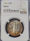 1941-S Liberty Walking Half Dollar NGC MS 64 Beautiful Toning!!!