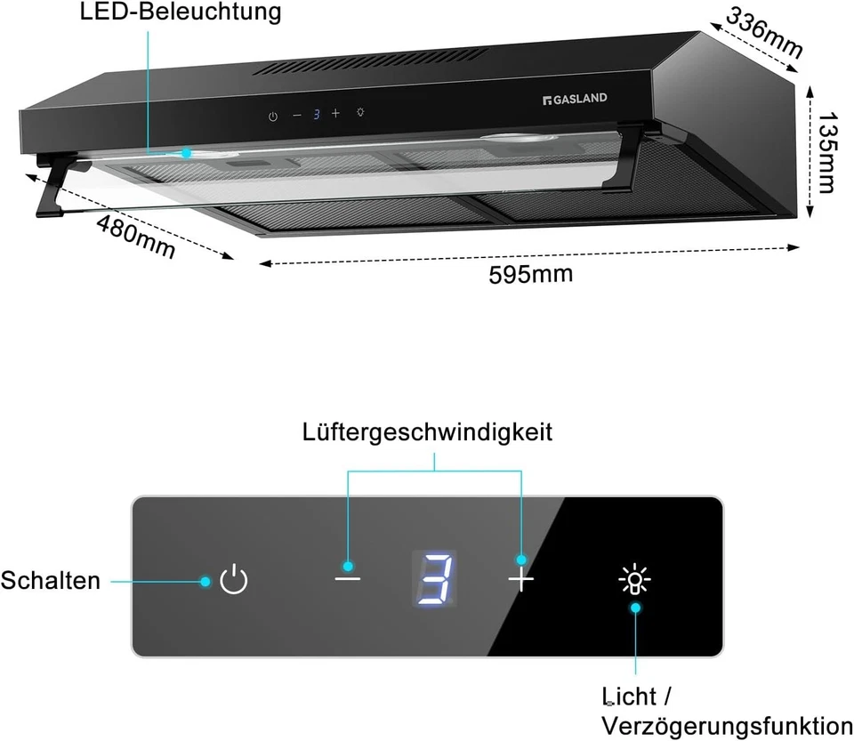 Gasland double motor cooker hood 60 cm 333 m³/h under counter hood extractor hood - Image 2 of 4