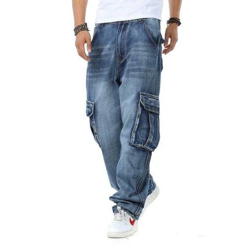 Jeans uomo tinta unita classici relaxed fit pantaloni cargo grandi alti larghi robusti - Foto 15 di 17