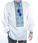 Ukrainian Linen Men's Vyshyvanka Hand Embroidery blue yellow size L