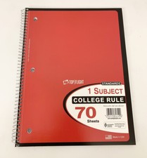 NEW TOP FLIGHT Red Notebook 70 Sheets 1 Subject 10.5" X 8" School College ANT15