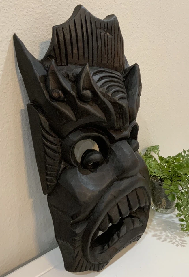 Vtg Antique Japanese Asian Primative Carved Wood Menburyu Tiki Demon Mask - Image 3 of 4
