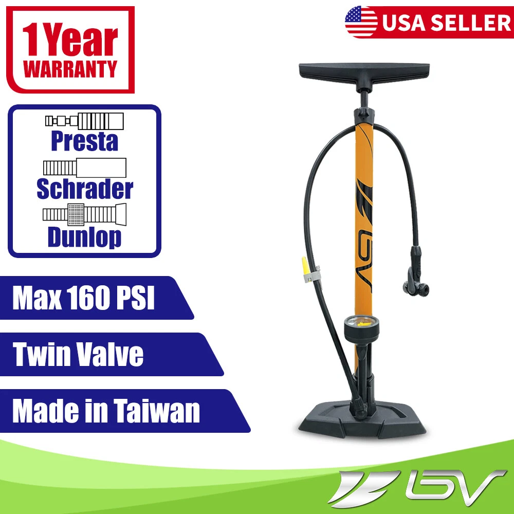 BV Bike Pump Floor w Gauge 160PSI Tire Ball Air Inflator Presta Schrader Compat