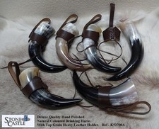 6 x High Quality Large Drinking Horns With Top Grain Leather Holders - Job Lot
