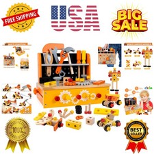 Wooden Tool Bench for Kids, 54-Piece Kids Tool Set with 2-in-1 Workbench  Ta...