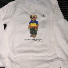 Polo Ralph Lauren Men's M White Fleece Crewneck Pullover Sweatshirt Polo Bear
