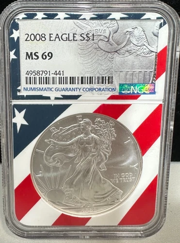2008 $1 AMERICAN SILVER EAGLE NGC MS69 USA FLAG CORE HOLDER