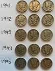 1941 - 1945 P D S MERCURY SILVER DIME 15 Coin Set F12-VF35 Condition | Lot 1