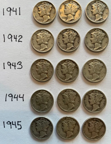 1941 - 1945 P D S MERCURY SILVER DIME 15 Coin Set F12-VF35 Condition | Lot 1