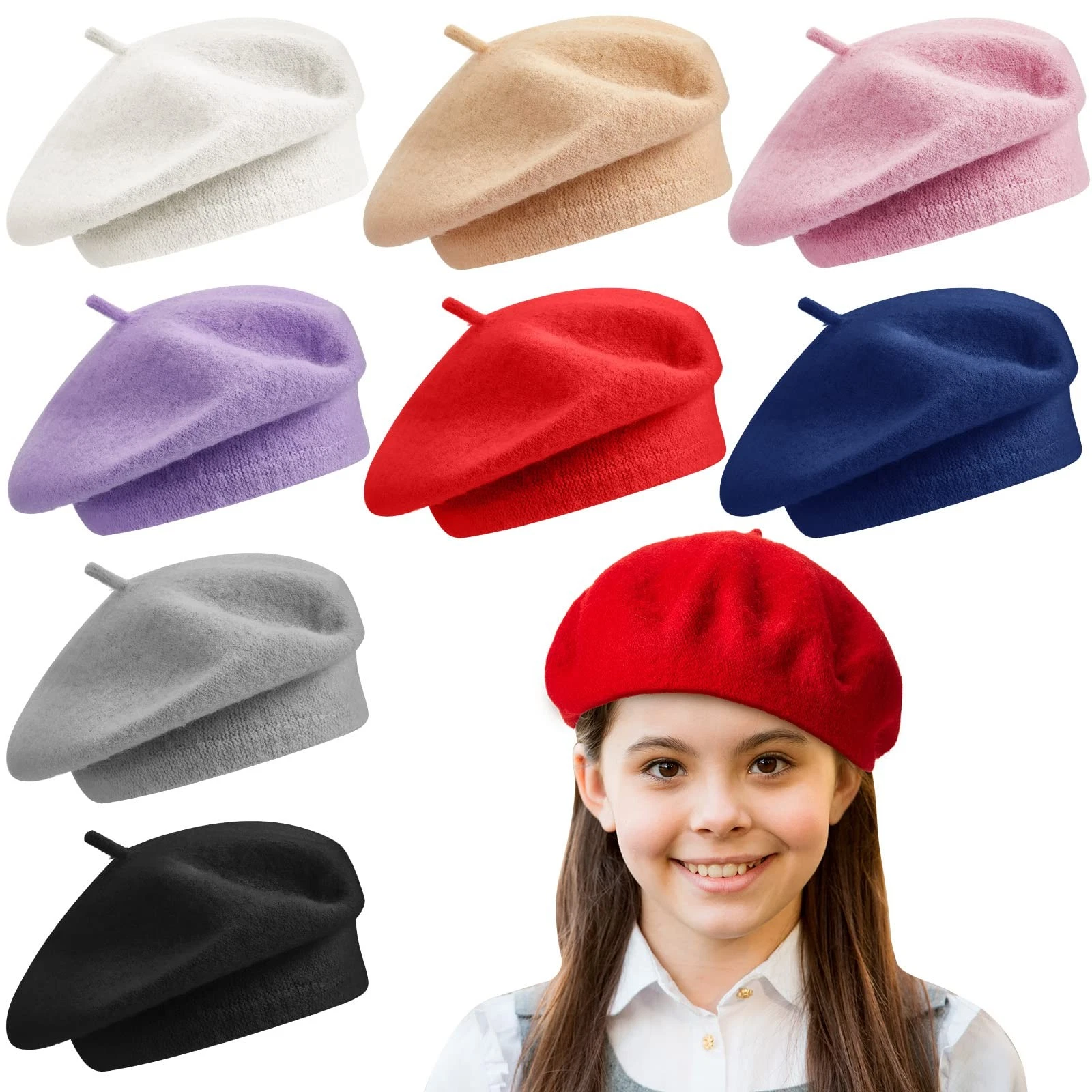 8 PCS Kids Girl Beret Hat Wool Artist Cap Classic French Warm Toddler Winter