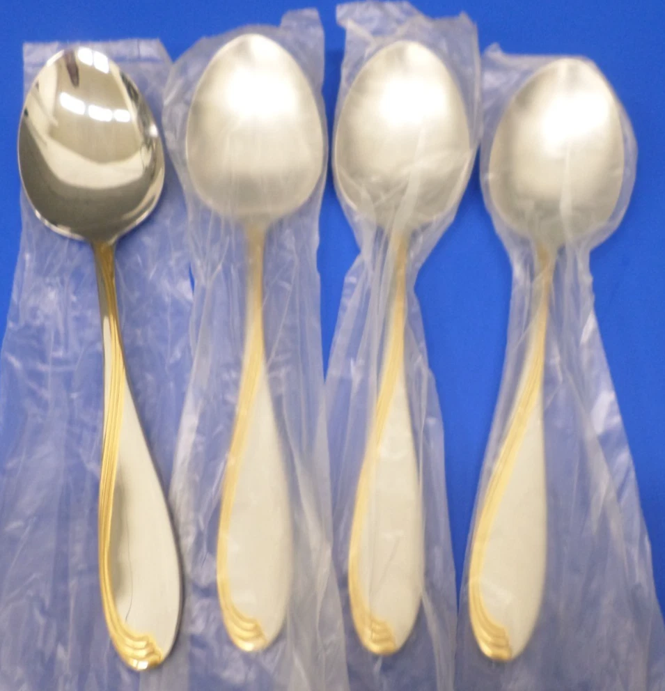 4 Oneida GOLDEN CAMBER Glossy Gold Accent Stainless Flatware SERVING SPOONS New!