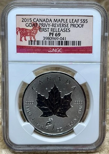 Canada 2015 $5 NGC Maple Leaf Reverse PF69 Goat Privy First Release White Spots