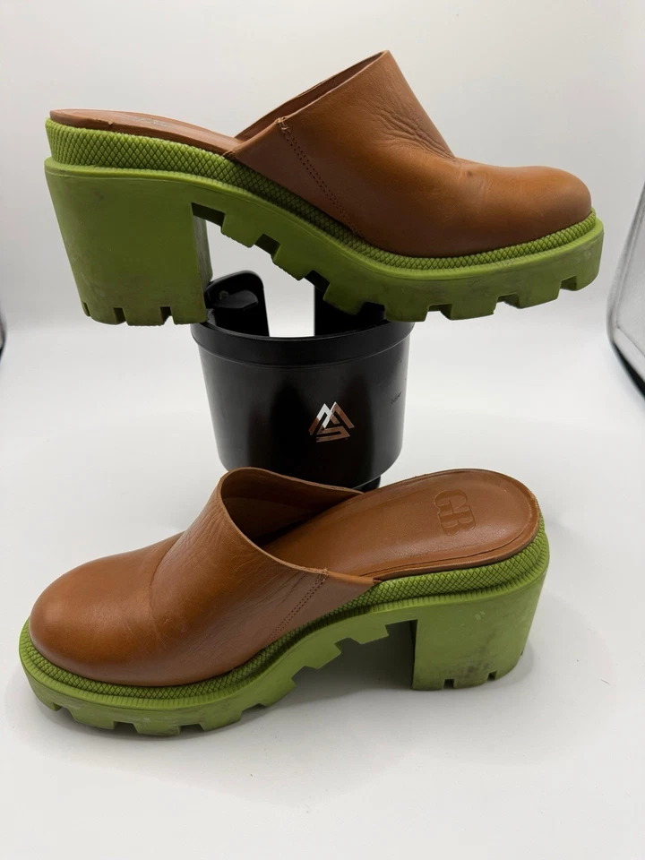Plataforma de couro GB End Game mulas marrom verde salto robusto tamanho 6 EUA - Imagem 3 de 4