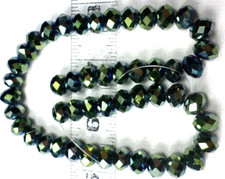 15" of 49 Czech Dark Green w/Gold Metallic Faceted Rondelles Glass Bead 10x7mm