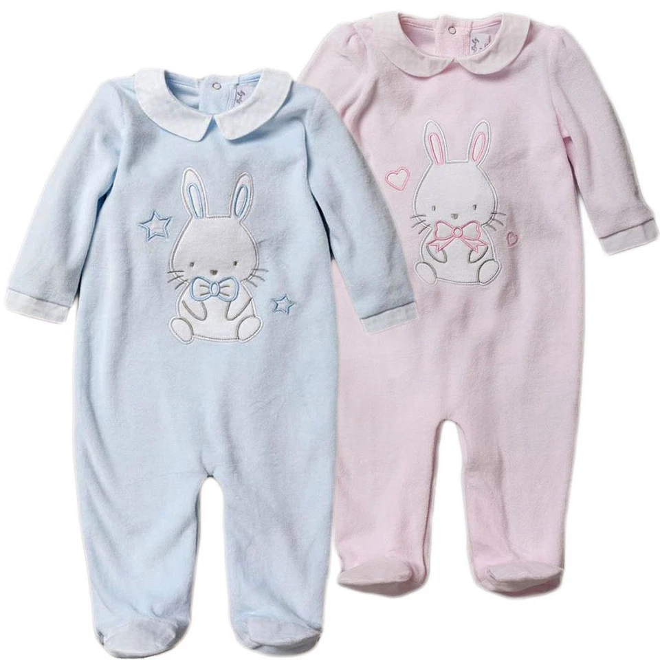 ROCK A BYE BABY Baby Boy Girl SLEEPSUIT Babygro Velour Spanish Style BUNNY
