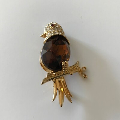 VTG JOAN RIVERS Bird on Perch Brooch/Pin Amber Jelly Belly Crystal Head ...