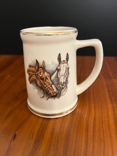 Rare Vintage Horse Mug 22K Gold Equestrian Tankard Cup Pottery Dixon Art Studios