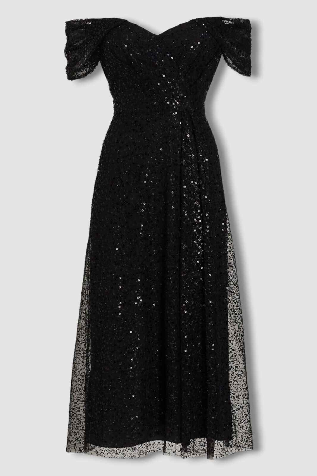 $630 Teri Jon by Rickie Freeman Women's Black Sequin Off-Shoulder Dress Size 2