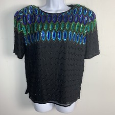 Sequin Silk Top sz M Black Blue Beaded Sequins VINTAGE 80s Maximalist Dynasty