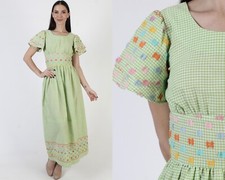 Vintage Green Gingham Prairie Dress High Waist Cottagecore Peasant Boho Maxi