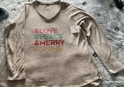 Sonoma Women's Supersoft Beige Christmas  V-neck LS Supersoft Graphic Top XL New