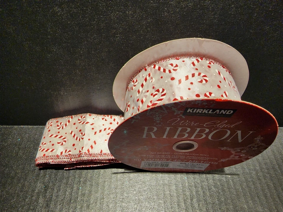 Kirkland Premium Wired Ribbon 50 Yard Roll Partial w/pieces Holiday Candy Canes - Image 4 of 4