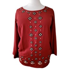 Bob Mackie Wearable Art Blouse Womens 3X Red Excellent Floral Embroidered Top