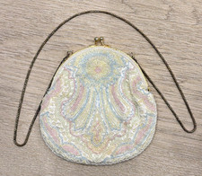 Beaded Evening Bag Womens White/Ivory with Pastels Kiss Lock Chain Purse Satin