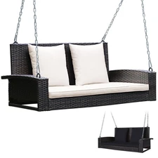 Patiojoy 2-Person Patio Rattan Hanging Porch Swing Bench Chair Cushion Beige