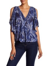 NWT Free People Floral Printed Top Coral Red Blue Gray Xs S Cold open Shoulder