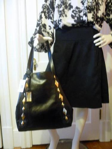 Retail $395 BADGLEY MISCHKA HANDBAG LEATHER TERRI SHINE TOTE BAG IN BLACK 