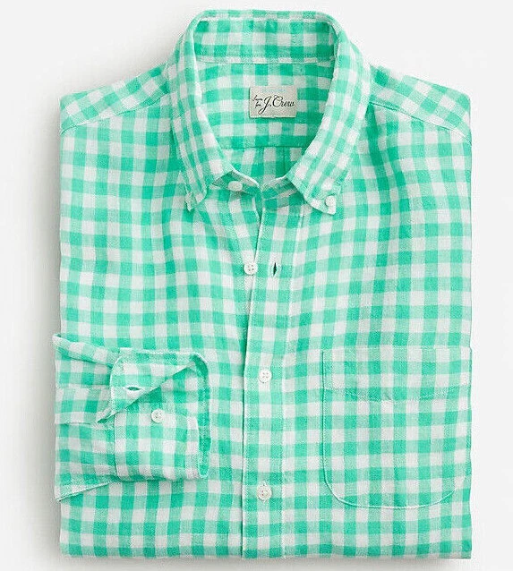 J Crew Linen Shirt Mens Green Gingham Plaid Check Slim Fit Baird McNutt