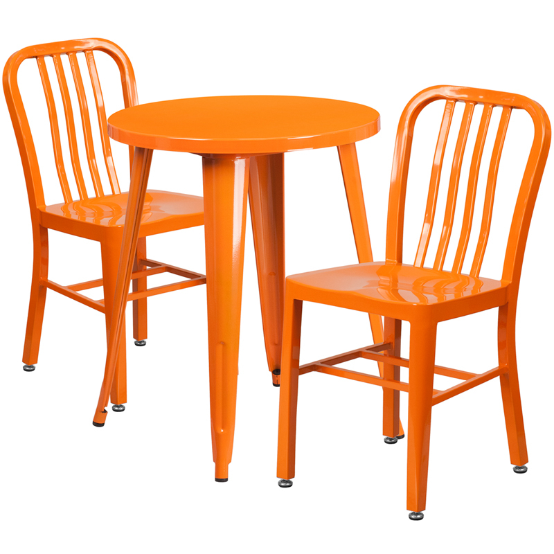 24'' Round Orange Metal Indoor-Outdoor Restaurant Table Set w/2