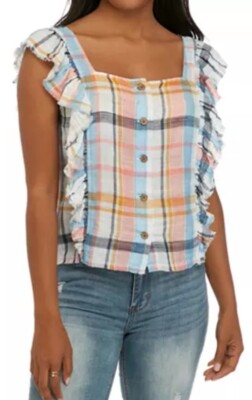 NWT True Craft Ruffle Button Down Plaid Top Sleeveless Size Large Textured