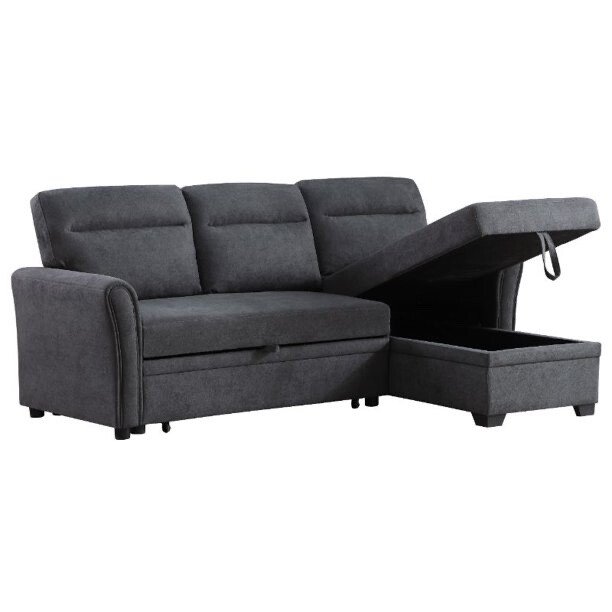 Bowery Hill Gray Fabric Reversible Sectional Sleeper Sofa Chaise with ...