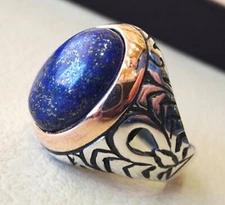 NATURAL LAPIS LAZULI GEMSTONE 925 SOLID SILVER CHRISTMAS TURKISH HEAVY MENS RING