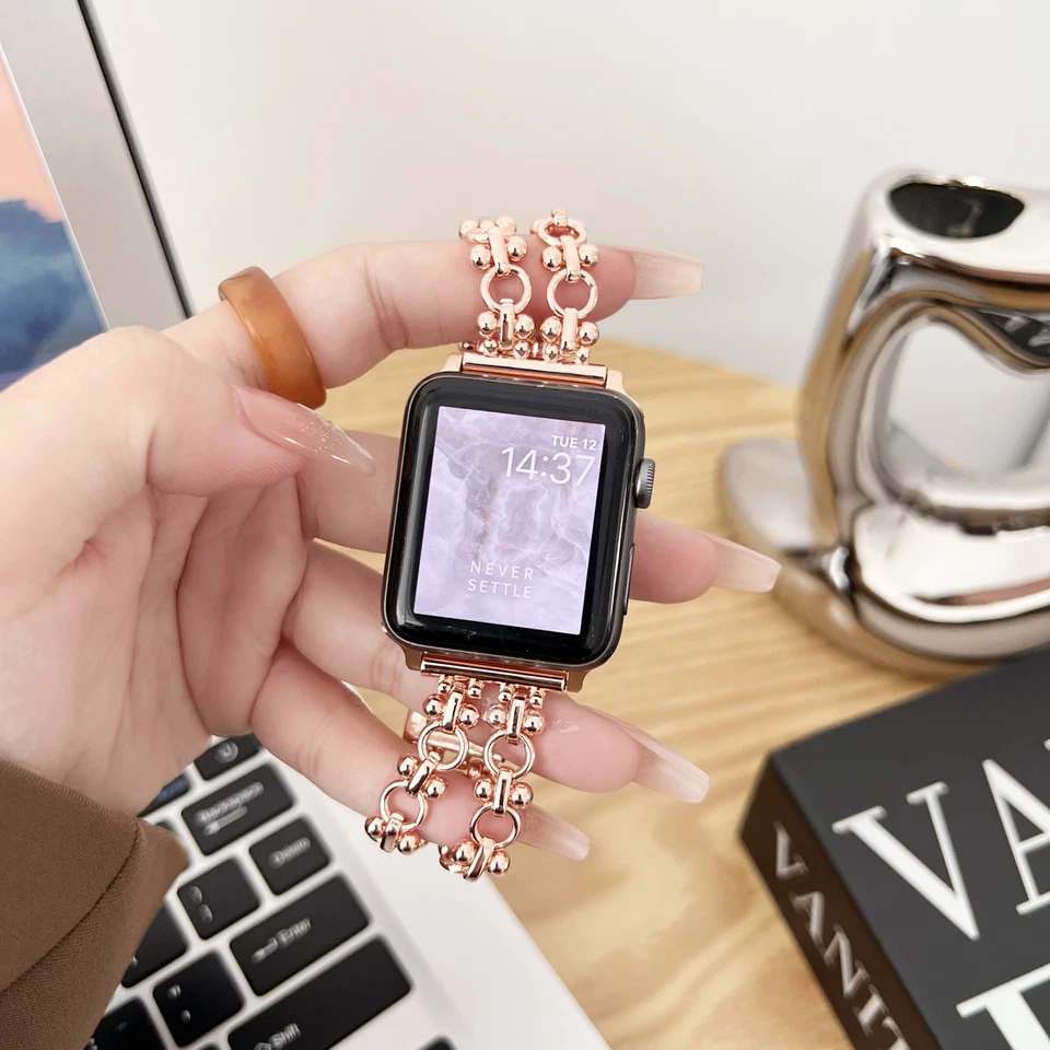 Dressy Slim Circle Brass Chain Metal Band For iWatch Series 9 SE 8 7 6 5 4 3 2 1 - Image 3 of 4