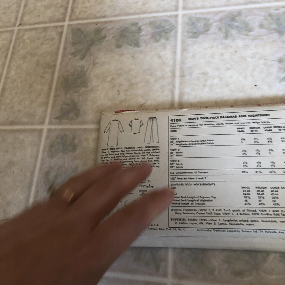 1952 SIMPLICITY #4108-MEN'S KNEE LENGTH NIGHTSHIRT & PAJAMAS PATTERN medium FF - Image 3 of 3