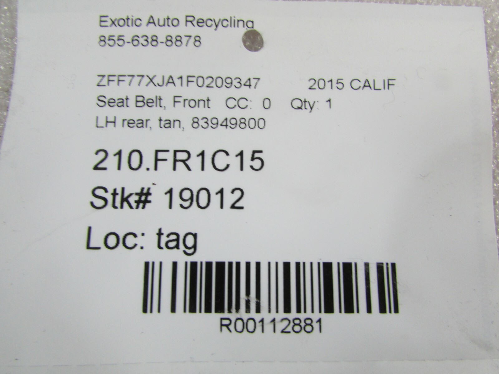 Ferrari California, LH, Left Rear Tan Seat Belt, Used, P/N 839498