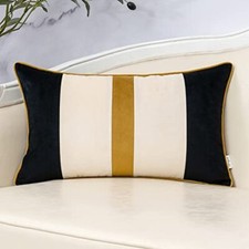 Patchwork Lumbar Throw Pillow Cover Striped Velvet Cushion 12" x 20" Black