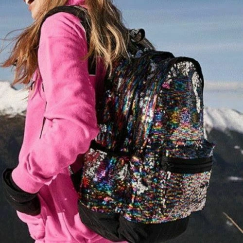 Victoria Secret ROSA Arco Iris Lentejuelas Bling Campus Mochila Viaje Equipaje de Mano Escuela Foto 2 de 4