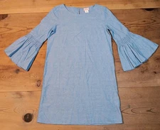 Love Ady Womens XS Mini Shift Dress 3/4 Smocked Bell Sleeve Blue Boho Cotton 